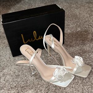 Lulu's Cream Satin Heels with Rose Detail